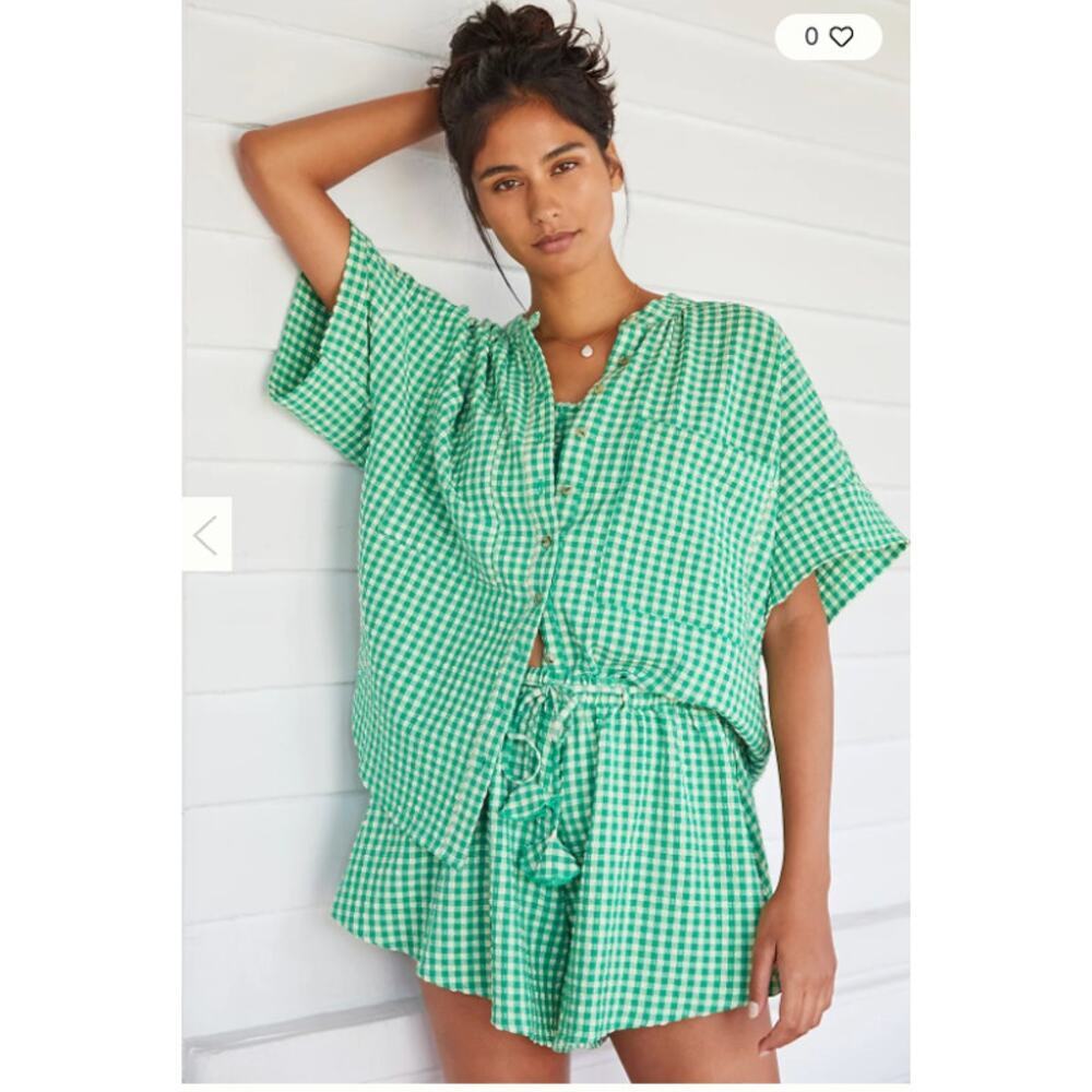 Anthropologie Green Gingham Drawstring Shorts